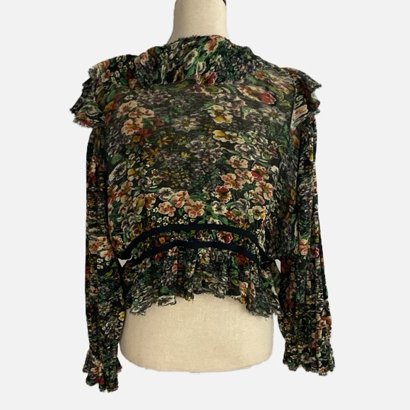 Free People Rudi Ruffle Blouse Top in Night Garden Large Floral Multicolour Crop - Picture 12 of 14